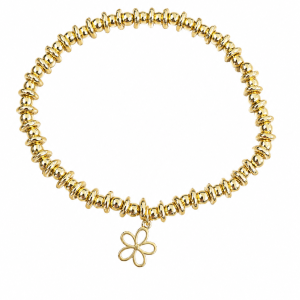 Handgemaakte 18 kt goldfilled armband met gouden kralen en elegant bloemhangertje op witte achtergrond.