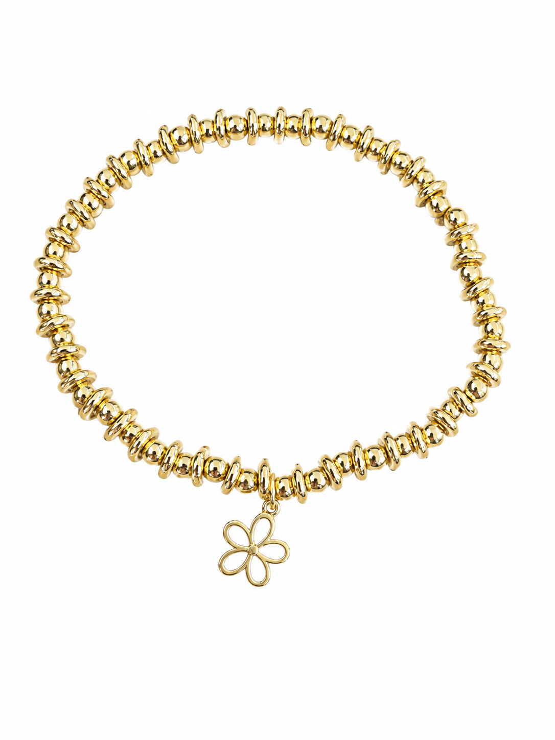 Handgemaakte 18 kt goldfilled armband met gouden kralen en elegant bloemhangertje op witte achtergrond.